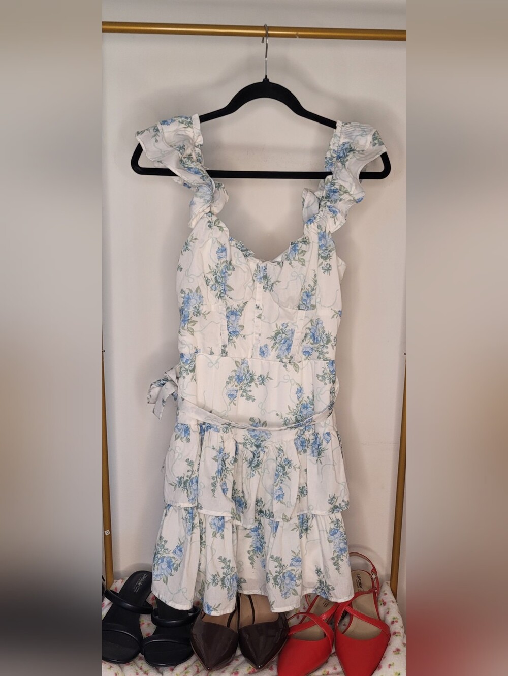 Crystal Doll White & Light Blue Floral Ruffle Dress